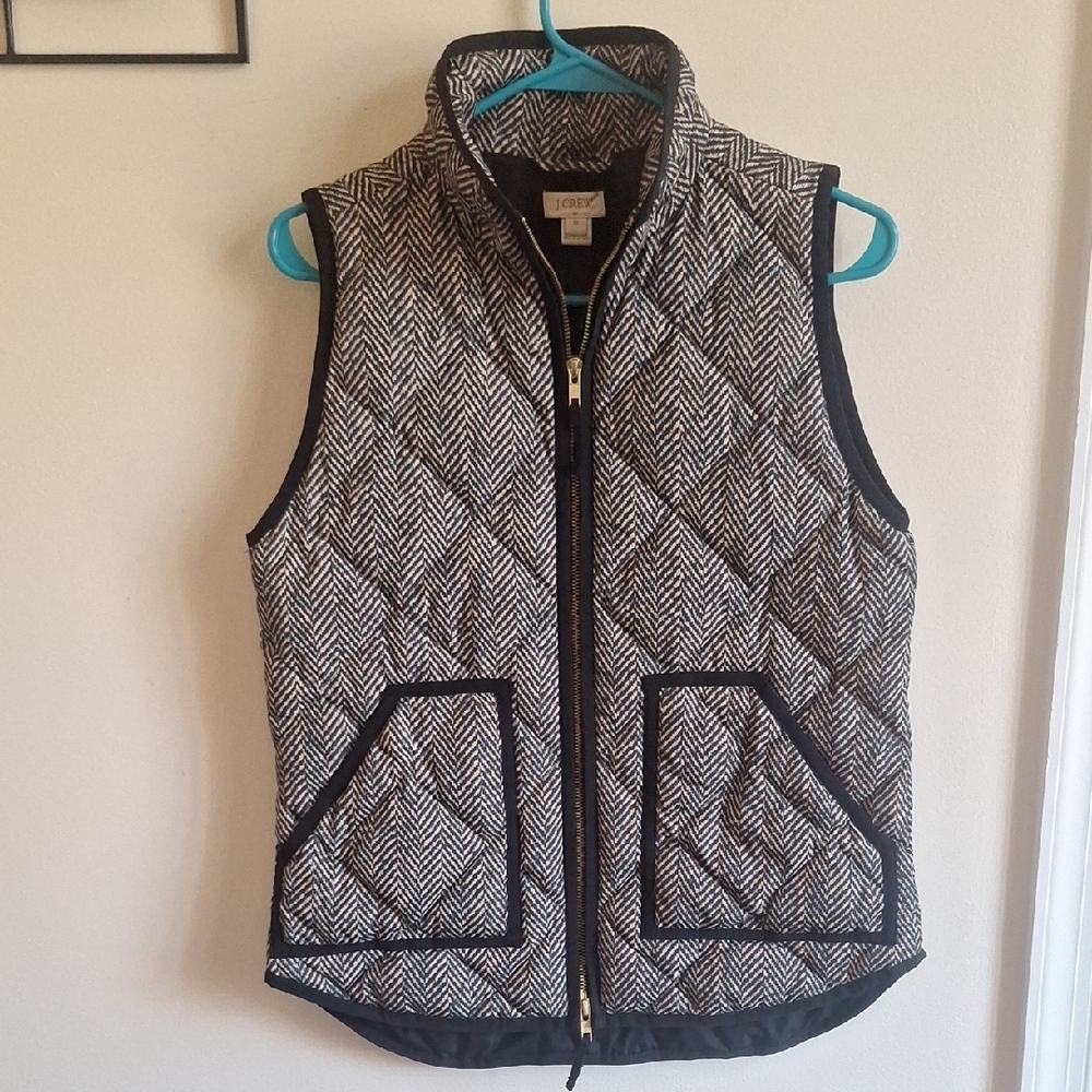 J.Crew Excursion Quilted Puffer Vest XS Black White Herringbone 90s Old Money
